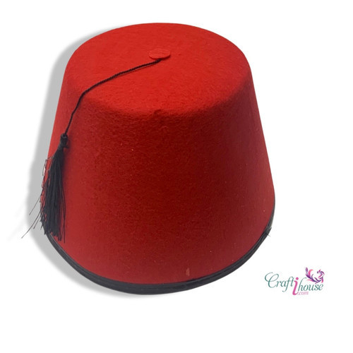 A classic red felt Tarboosh Fez hat with a long black tassel, shown from a front-facing angle.