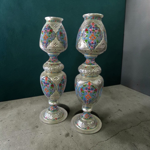 A pair of monumental 50 cm decorative lamps made of engraved copper with silver plating and colorful hand-painted enamel.