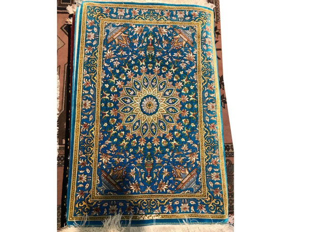 Unique Handmade Silk Carpet Qom Silk Carpet Blue Pattern Silk Carpet | Sophisticated Middle Eastern Art & Home Anchor - Luxury Handcrafted Art Craftihouse Dubai