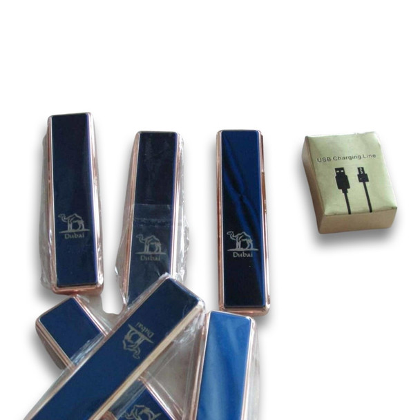 A collection of sleek electric USB lighters featuring a printed Dubai camel pattern and text, displayed with their charging cable box.