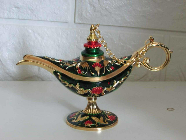 Exquisite 12 cm Aladdin's lamp with gold and enamel accents, an ideal gift that serves as both a whimsical decor piece and a refined artisan treasure.