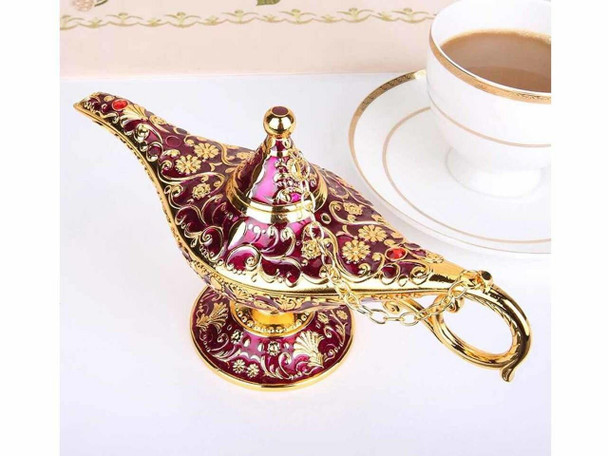 A grand 33 cm decorative magic Aladdin lamp cast from zinc alloy with purple and gold embossed patterns.