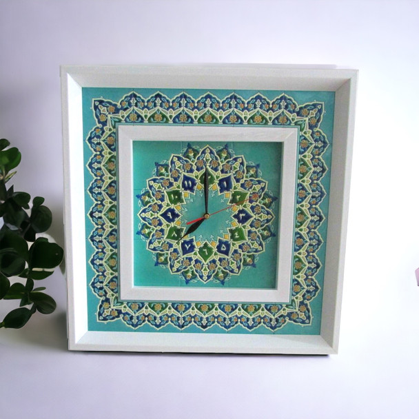 White Frame Marquetry Clock | Hand-Painted Heritage Wall Clock | Traditional Khatamkari Art - Luxury Handcrafted Art Craftihouse Dubai