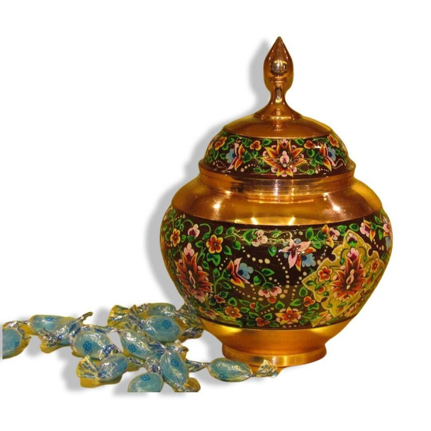 A premium 24 cm handmade copper apple-shaped candy bowl featuring hand-painted Mes Pardaz floral motifs and a polished finish.