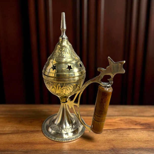 Premium Uae Brass Madkhan Wooden Handle Handcrafted Detail View