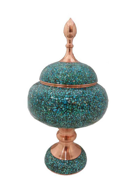 A luxury Persian pedestal candy bowl made of polished copper with a wide middle band of hand-inlaid turquoise stones.