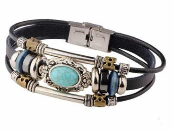Exclusive Unisex Men's Leather Bracelet with artificial turquoise bead Fine Craftsmanship Detail