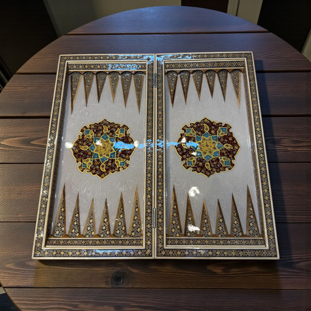 Handmade backgammon and chess set 50x50 cm with green hand-painted pattern and Khatamkari inlaid wooden board