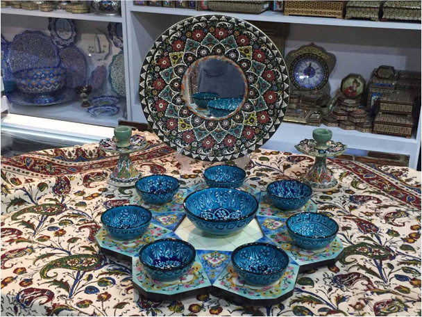 Norouz Haft Seen set handmade wooden tray ceramic bowls candle holder mirror Persian