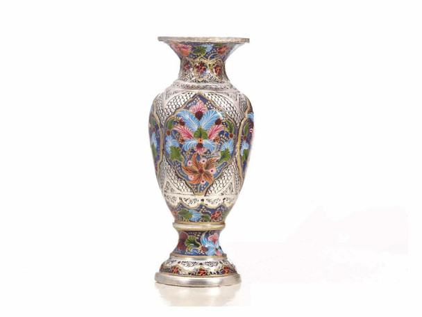 Front view of a hand-engraved silver-plated copper vase featuring detailed floral panel work painted by hand over an embossed metal body.