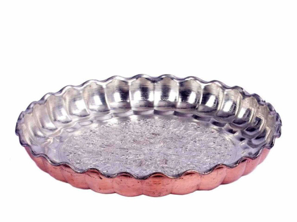 A premium hand-hammered copper serving tray with a 2 cm rim, ideal for presenting traditional kabab and rice dishes.