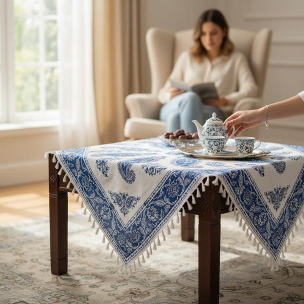 A vibrant 100x100 cm blue color cotton block printed coffee table cloth featuring traditional Persian Ghalamkari motifs, elegant borders, and decorative fringe.