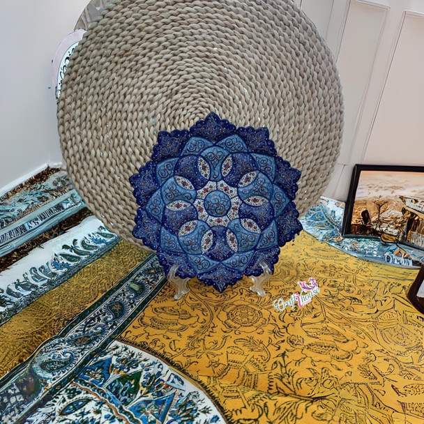 A premium 20 cm handmade Minakari copper plate featuring vibrant hand-painted blue enamel patterns and a scratchproof high-gloss finish.