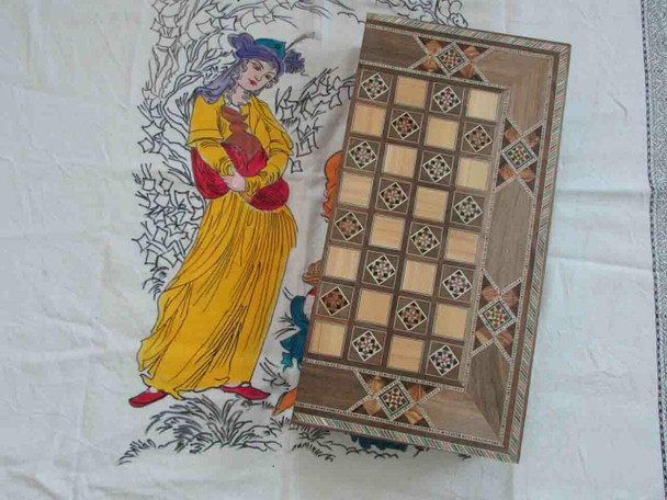 20-inch authentic Syrian handmade mosaic game table featuring a traditional Draughts board and Backgammon interior.