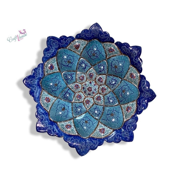 A stunning handcrafted copper Minakari decorative plate featuring intricate blue and turquoise floral enamel patterns.