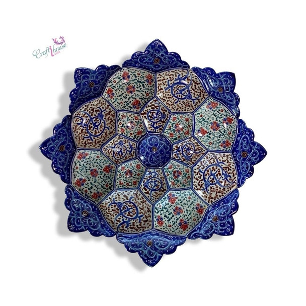 A professional product presentation of the exclusive handmade segmented hexagon Minakari copper art piece from a premier UAE shop.