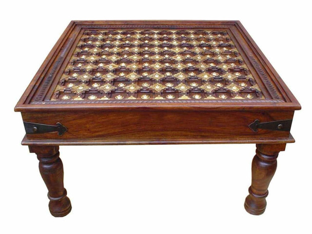 Luxury Brass Inlaid Hand Craved Coffee Table Handmade Brown Solid Wood Coffee Table 60x60 Cm Premium Design Showcase
