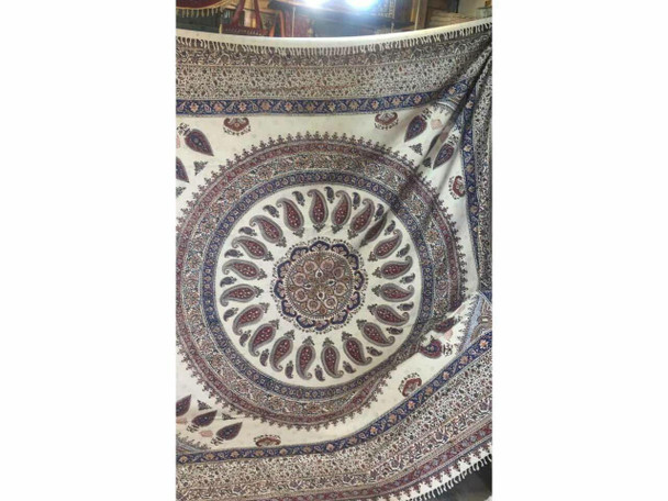 A 3x3 meter traditional Persian Ghalamkar printed textile featuring intricate circular paisley and floral motifs in rich blue and maroon tones.