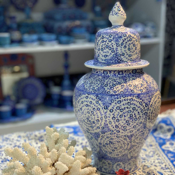Handcrafted Hand painted white & Blue Turkish Jar with Lid , Awesome Turkish Handmade Lifestyle Visual