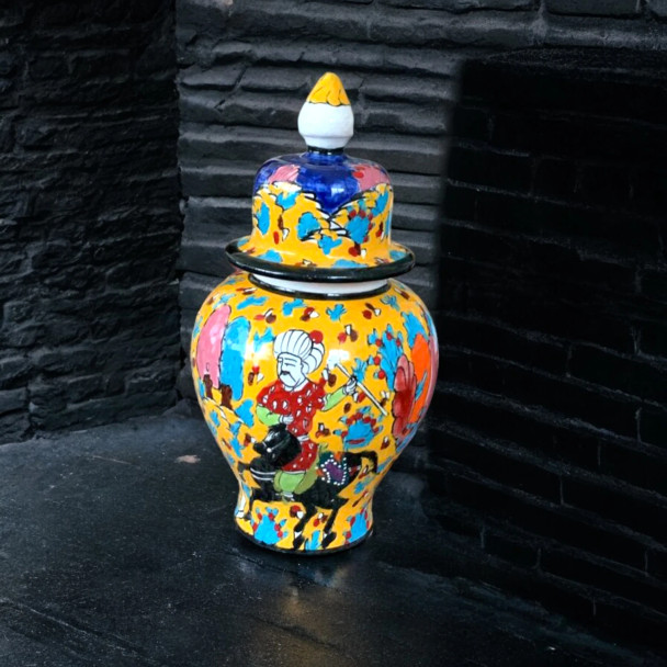 Luxury Yellow Pattern Turkish Ceramic Jar with Lid 20cm Premium Design Showcase