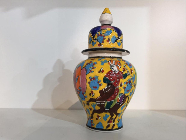 Yellow pattern Turkish ceramic vase with lid Iznik tabletop centrepiece collectible gift