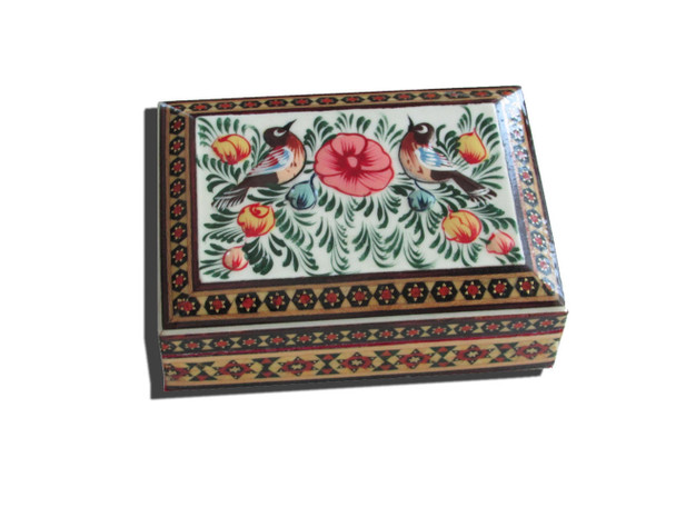 An 11x8 cm wooden Khatamkari jewelry box featuring intricate geometric inlay and hand-painted miniature art of birds and flowers.