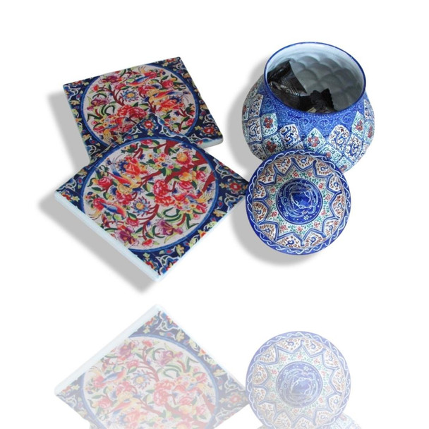 A premium 9 cm bird and flower handmade tile coaster featuring a vibrant blue traditional pattern and high-gloss ceramic finish.