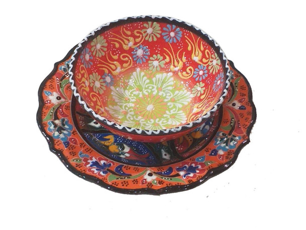 A premium handmade Turkish ceramic ice cream serving set featuring a vibrant hand-painted bowl and matching plate with 3D relief patterns.