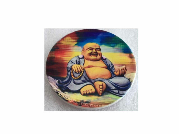A professional product presentation of the 9 cm Laughing Buddha ceramic magnet from a premier UAE art, gift, and home decor supplier.