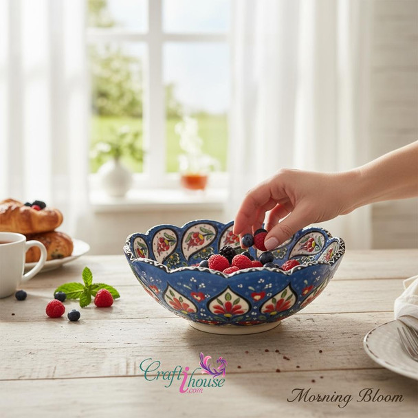 The 20 cm blue floral bowl shown as a stylish centerpiece on a modern dining table, highlighting its appeal as a meaningful gift.