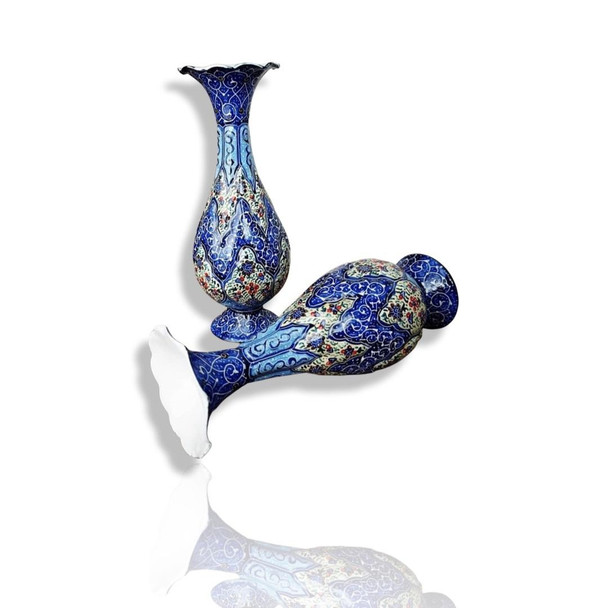 Front exhibition view of a matching pair of 16 cm hand-painted scratch-proof enamel copper flower vases featuring traditional Persian Minakari motifs.