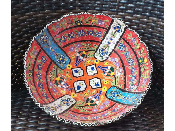 Orange pattern Turkish ceramic fruit serving bowl 25cm Iznik embossed handmade gift