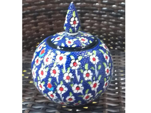 Blue pattern Turkish ceramic candy jar 15cm and 2 flower vases gift set table decor