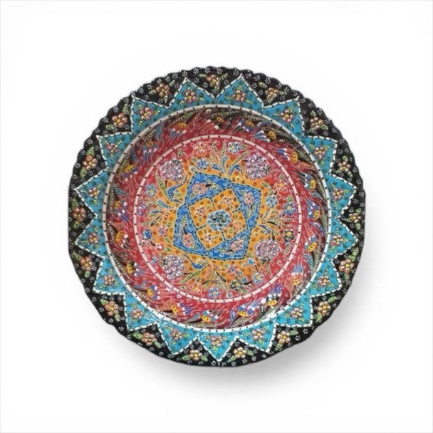 A monumental 40 cm handmade Turkish ceramic plate featuring vibrant embossed Iznik patterns in blue and coral tones.