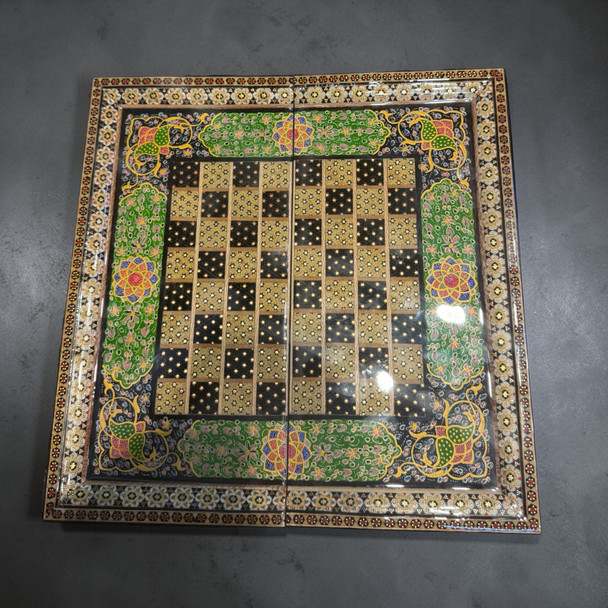 lose-up of the micro-inlay work, showcasing the intricate wood, brass, and camel bone stars on the 30 cm board.