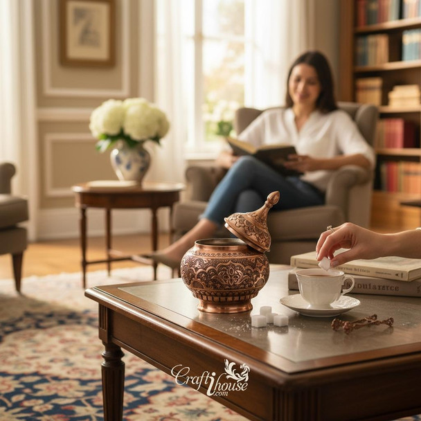Engraved Copper Sugar Bowl | Artisan Home Decor | Unique Middle Eastern Piece - Luxury Handcrafted Art Craftihouse Dubai