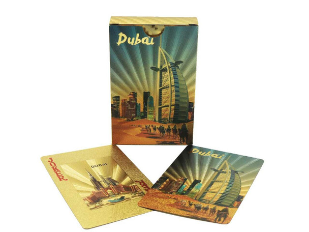 A professional product presentation of the authentic luxury gold foil tourist playing card gift from a premier art, gift, and home decor supplier.