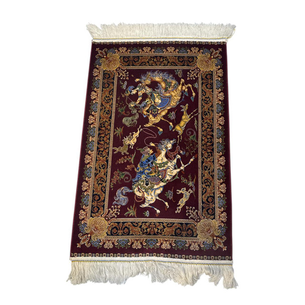 Authentic 60x90cm silk carpet in maroon and gold, featuring a Persian hunting scene with horses and riders, wall decor