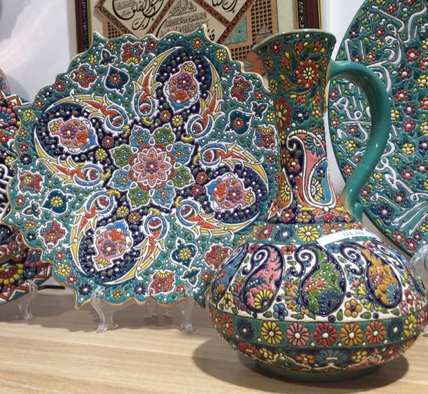 Handcrafted Set of hand Enamel Painted Earthenware plate and jug – Luxur... - Luxury Handcrafted Art Craftihouse Dubai