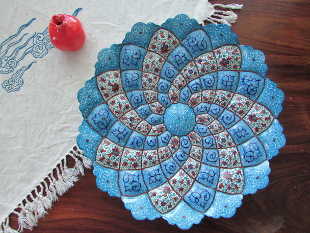 A premium 30 cm hand-painted Meenakari copper plate titled "The Turquoise Galaxy" featuring vibrant turquoise and cobalt floral patterns.