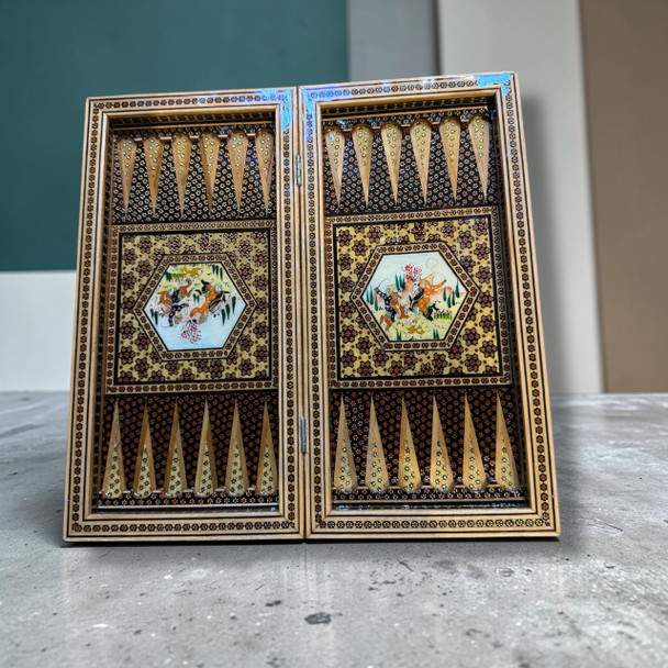 A 40x40 cm luxury wooden game set featuring a hand-painted Persian hunting scene and full Khatamkari inlay.