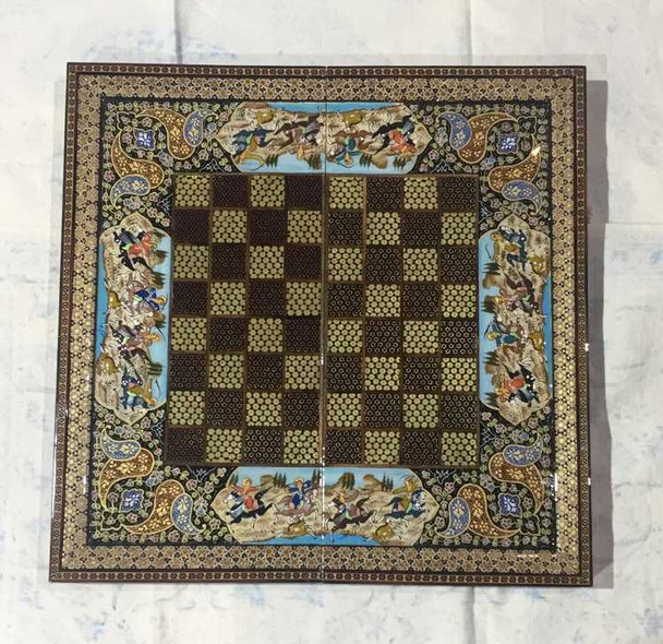 A 50x50 cm luxury wooden game set featuring an original hand-painted Persian hunting scene and full Khatamkari inlay.