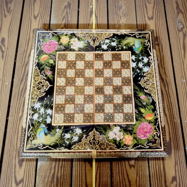 Top view of a 50x50 cm handmade Khatamkari inlaid wood chess board featuring a central hand-painted bird and flower pattern.