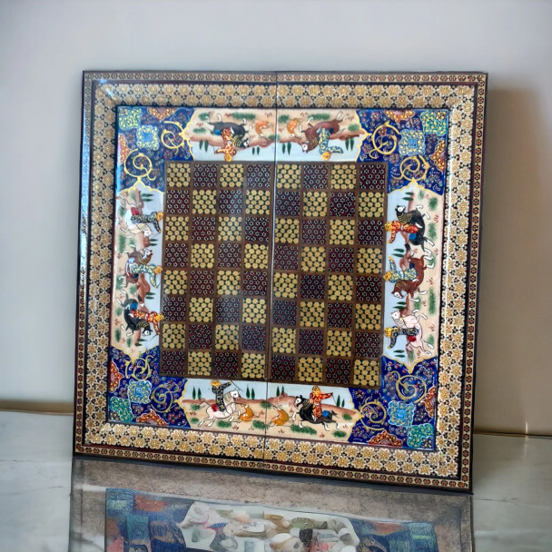 Luxury Hand-Painted Khatamkari Inlaid 40x40 cm Backgammon and Chess Set Premium Design Showcase