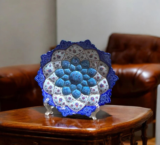 A premium 20 cm hand-painted Minakari copper plate titled "The Azure Starburst" featuring vibrant blue and white radial enamel patterns.