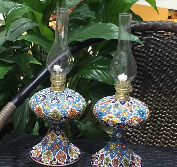Luxury Exclusive Set of 2 pcs hand painted earthenware kerosene lamps. Premium Design Showcase