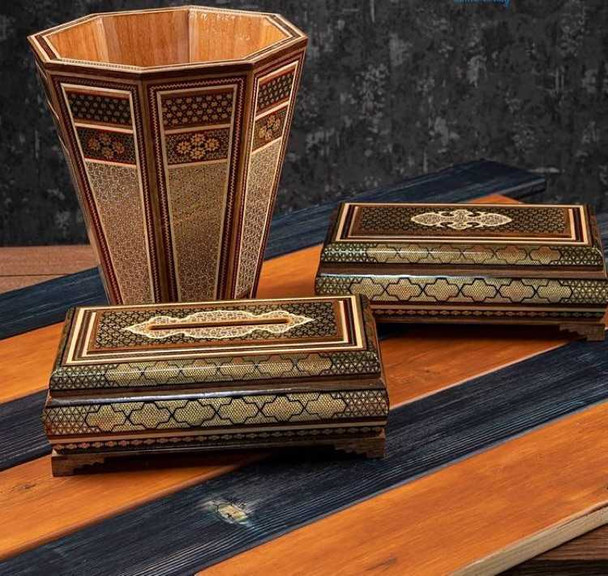 Khatamkari inlaid set of tissue box , fork and spoon box and trash bin