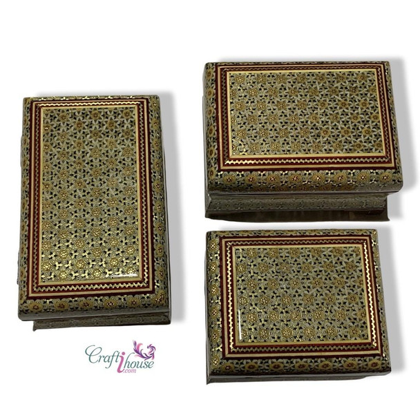 A high-quality 3-piece wooden box set, masterfully inlaid with traditional Persian Khatamkari motifs.