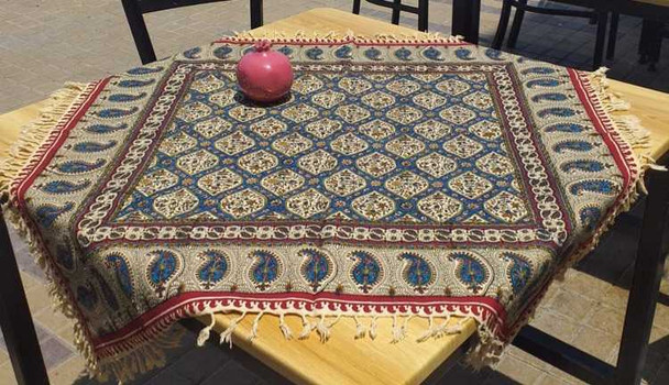 A high-quality 80x80 cm cotton piece, meticulously block-printed with vibrant blue patterns.