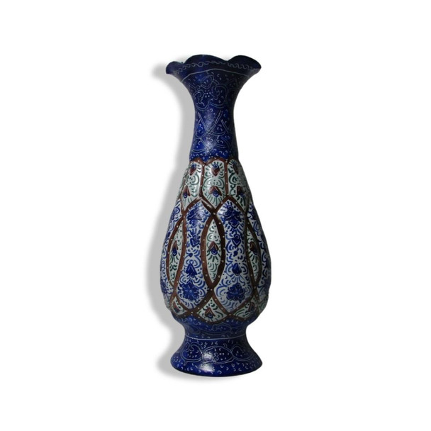 Front view of a 16 cm hand-painted enamel copper vase decorated with intricate lattice frameworks and traditional blue Minakari assorted motifs.